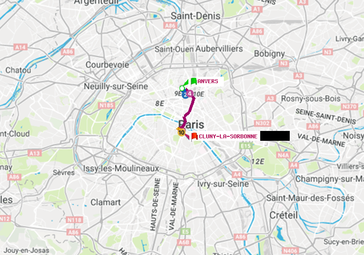 plan itinéraire ratp de Anvers à Cluny-La Sorbonne