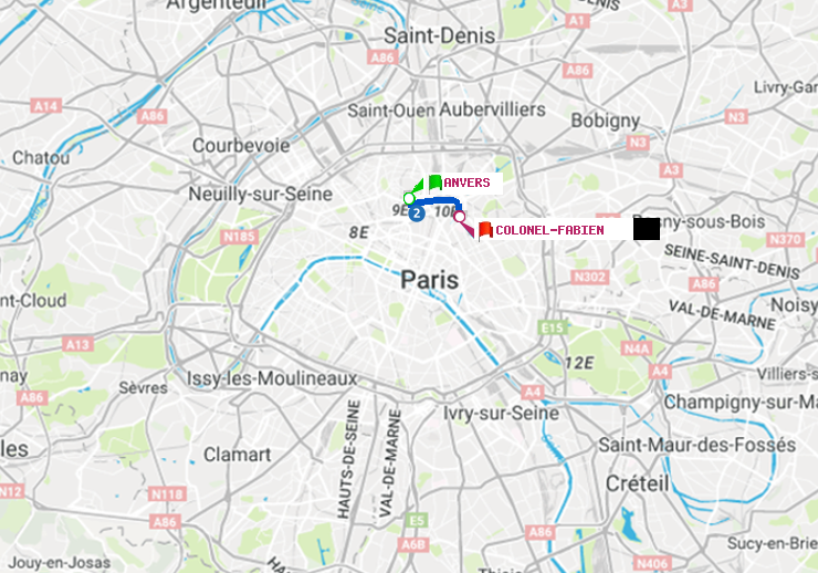 plan itinéraire ratp de Anvers à Colonel Fabien