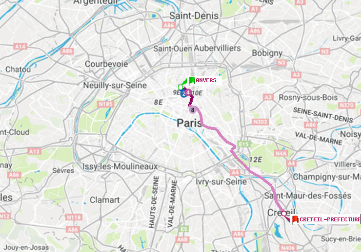plan itinéraire ratp de Anvers à Créteil-Préfecture (Hôtel de Ville)