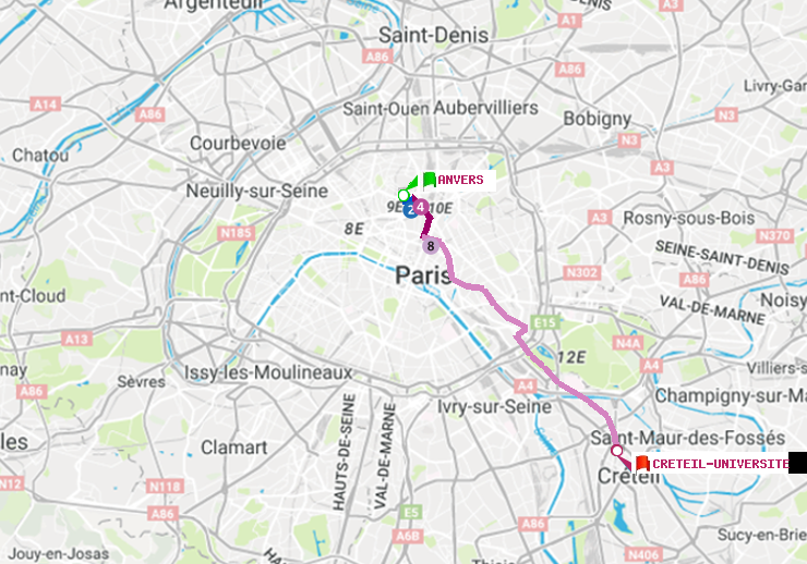 plan itinéraire ratp de Anvers à Créteil-Université