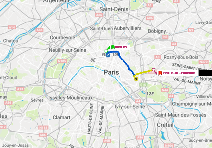 plan itinéraire ratp de Anvers à Croix-de-Chavaux (Jacques Duclos)