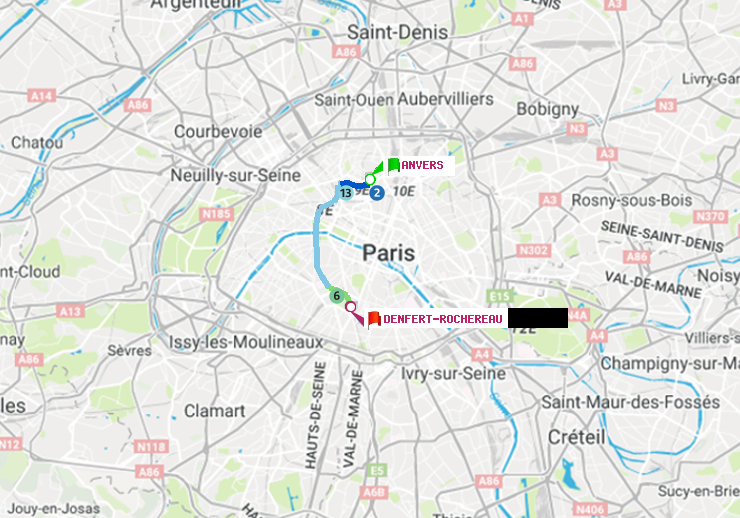 plan itinéraire ratp de Anvers à Denfert-Rochereau