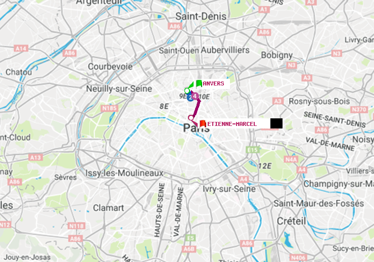 plan itinéraire ratp de Anvers à Etienne Marcel