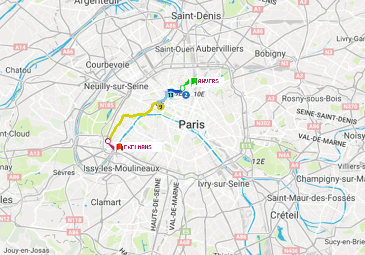 plan itinéraire ratp de Anvers à Exelmans