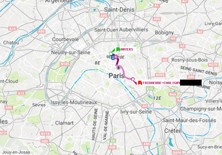 plan itinéraire ratp de Anvers à Faidherbe-Chaligny