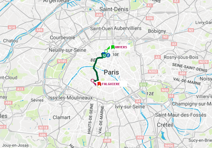 plan itinéraire ratp de Anvers à Falguière
