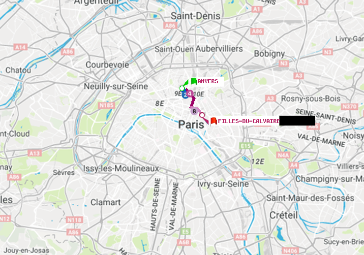 plan itinéraire ratp de Anvers à Filles du Calvaire