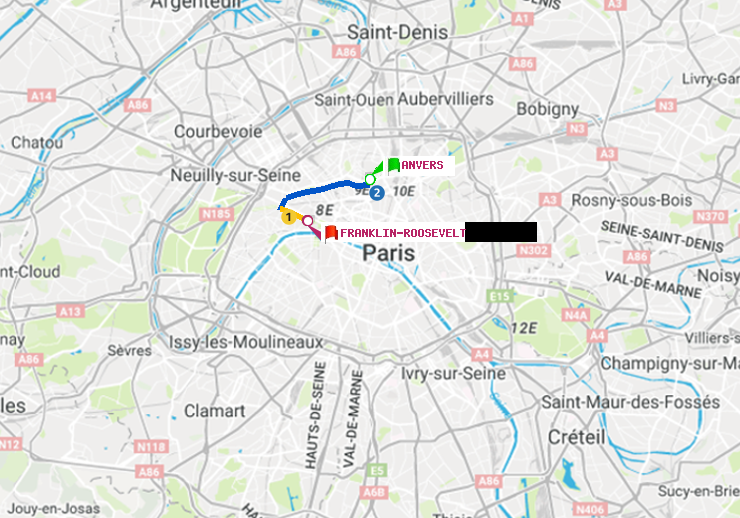 plan itinéraire ratp de Anvers à Franklin-Roosevelt