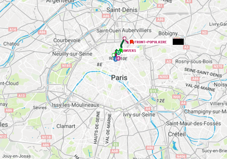 plan itinéraire ratp de Anvers à Front Populaire