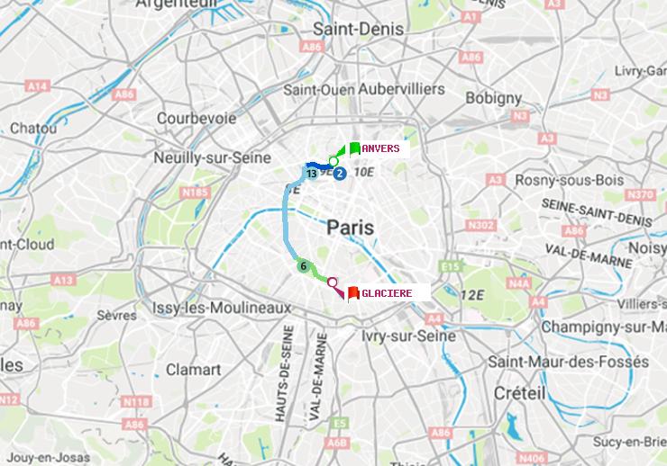 plan itinéraire ratp de Anvers à Glacière
