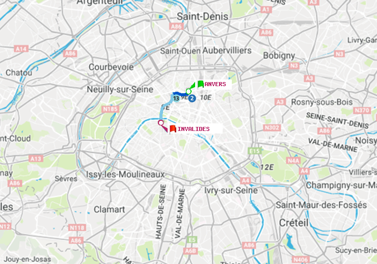plan itinéraire ratp de Anvers à Invalides