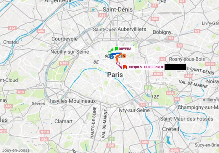 plan itinéraire ratp de Anvers à Jacques-Bonsergent