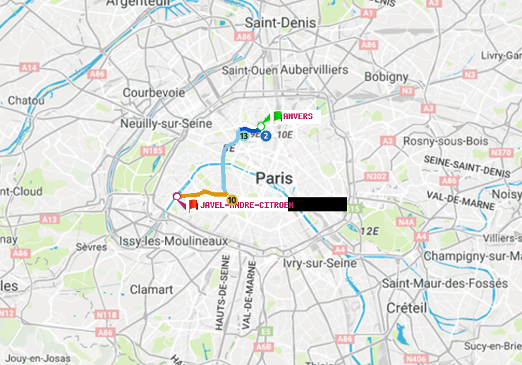 plan itinéraire ratp de Anvers à Javel-André-Citroen