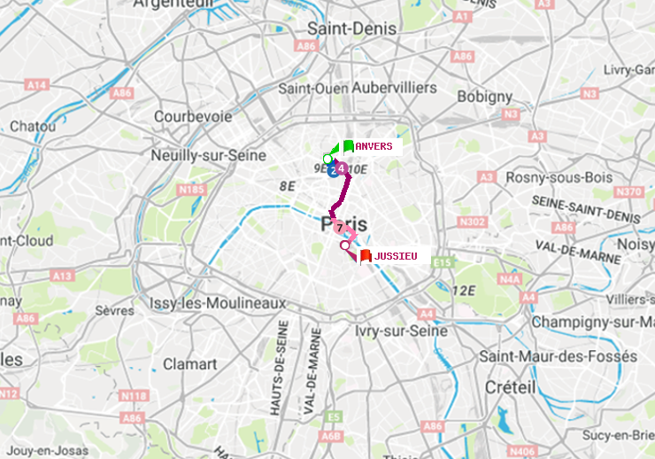 plan itinéraire ratp de Anvers à Jussieu