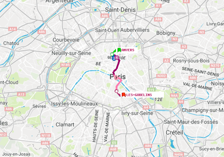 plan itinéraire ratp de Anvers à Les Gobelins
