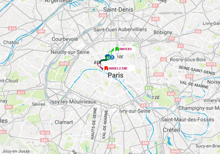 plan itinéraire ratp de Anvers à Madeleine