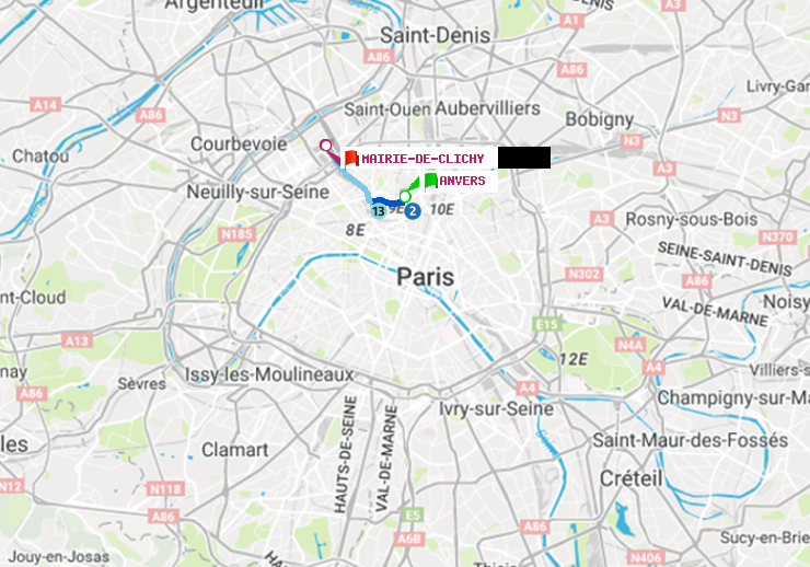 plan itinéraire ratp de Anvers à Mairie de Clichy