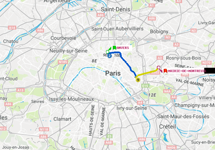 plan itinéraire ratp de Anvers à Mairie de Montreuil