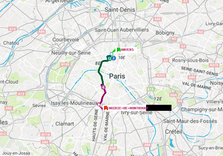 plan itinéraire ratp de Anvers à Mairie de Montrouge