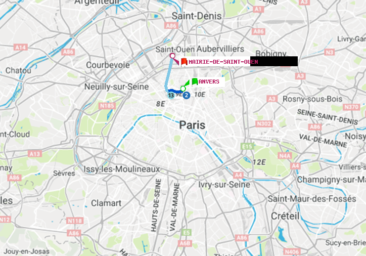 plan itinéraire ratp de Anvers à Mairie de Saint-Ouen