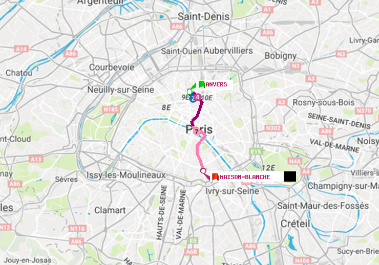 plan itinéraire ratp de Anvers à Maison Blanche