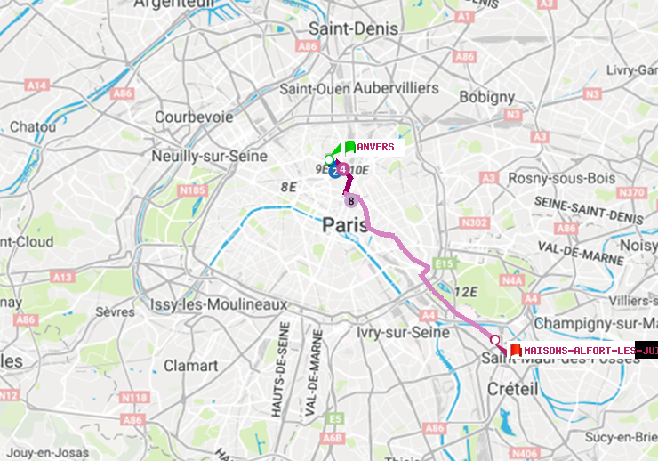 plan itinéraire ratp de Anvers à Maisons-Alfort-Les Juilliottes