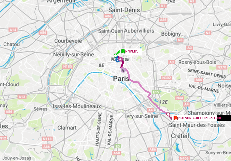 plan itinéraire ratp de Anvers à Maisons-Alfort-Stade