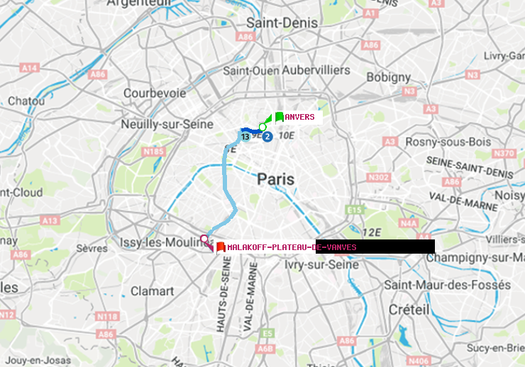 plan itinéraire ratp de Anvers à Malakoff-Plateau de Vanves