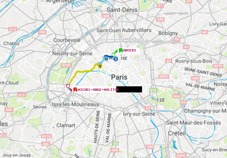 plan itinéraire ratp de Anvers à Michel-Ange-Molitor