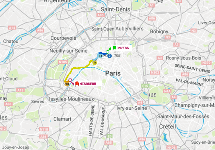 plan itinéraire ratp de Anvers à Mirabeau