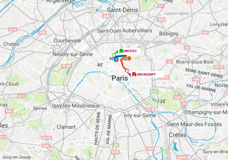 plan itinéraire ratp de Anvers à Oberkampf