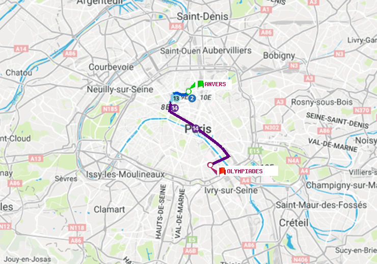 plan itinéraire ratp de Anvers à Olympiades
