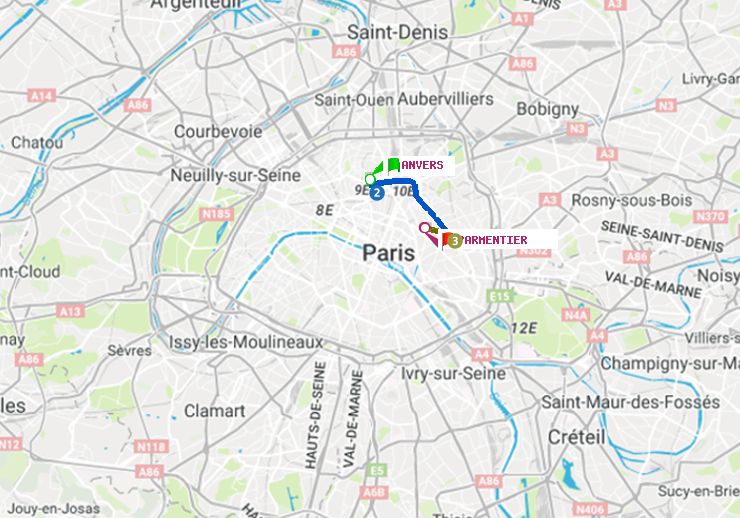 plan itinéraire ratp de Anvers à Parmentier