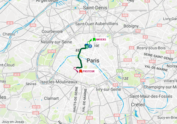 plan itinéraire ratp de Anvers à Pasteur