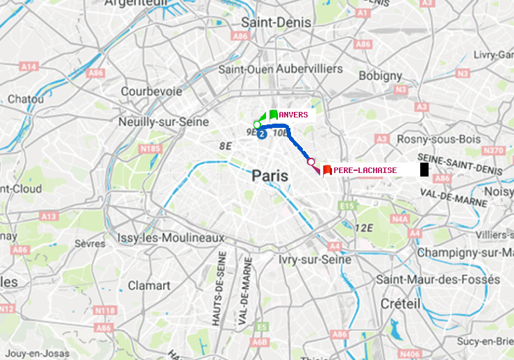 plan itinéraire ratp de Anvers à Père-Lachaise