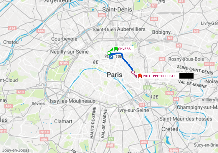 plan itinéraire ratp de Anvers à Philippe Auguste