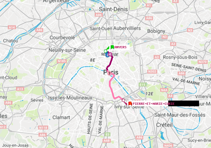 plan itinéraire ratp de Anvers à Pierre et Marie Curie