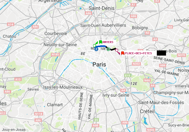 plan itinéraire ratp de Anvers à Place des Fêtes