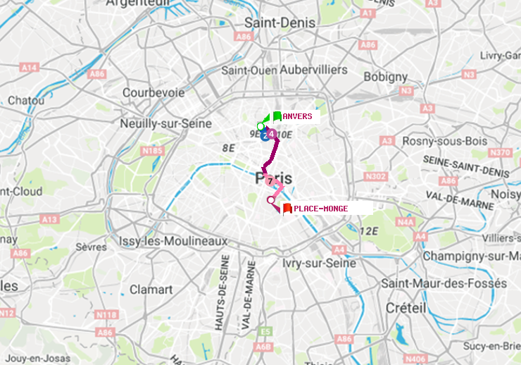 plan itinéraire ratp de Anvers à Place Monge (Jardin des Plantes)