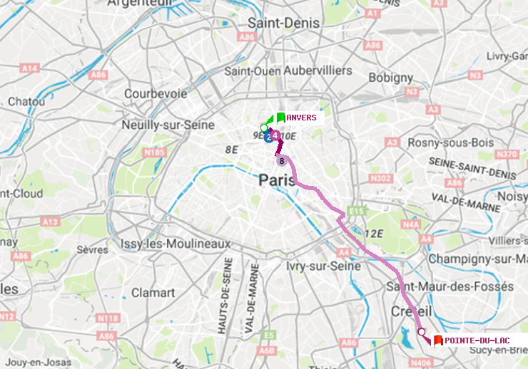 plan itinéraire ratp de Anvers à Pointe du Lac