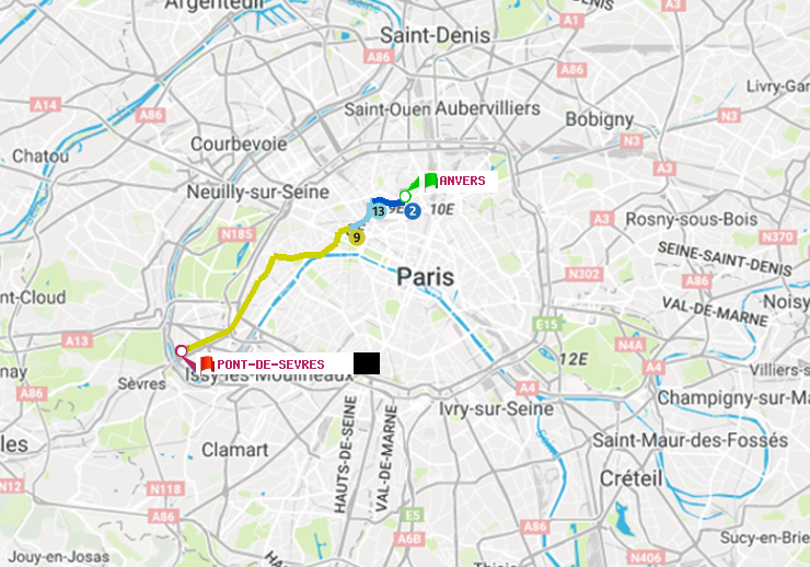 plan itinéraire ratp de Anvers à Pont de Sèvres