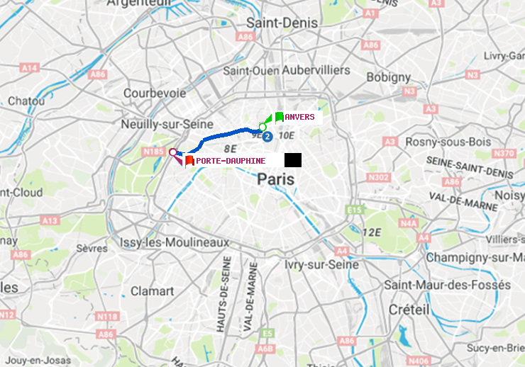 plan itinéraire ratp de Anvers à Porte Dauphine (Maréchal de Lattre de Tassigny)