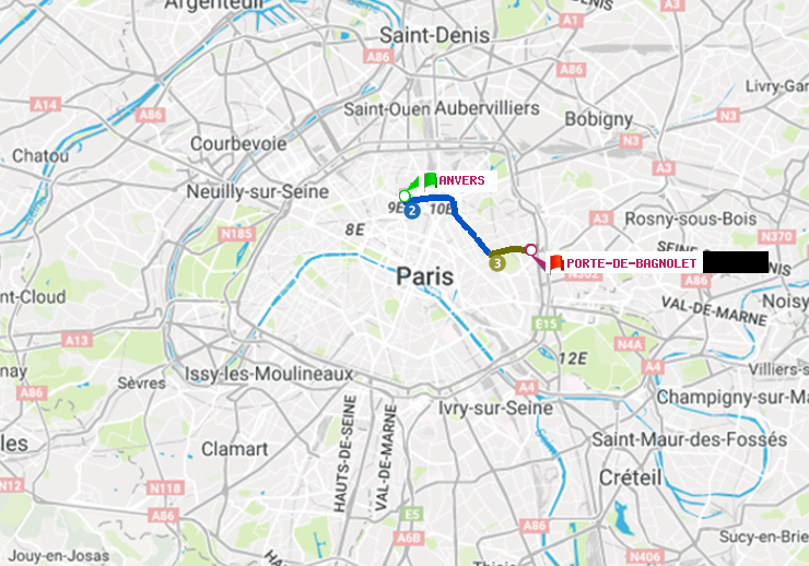 plan itinéraire ratp de Anvers à Porte de Bagnolet