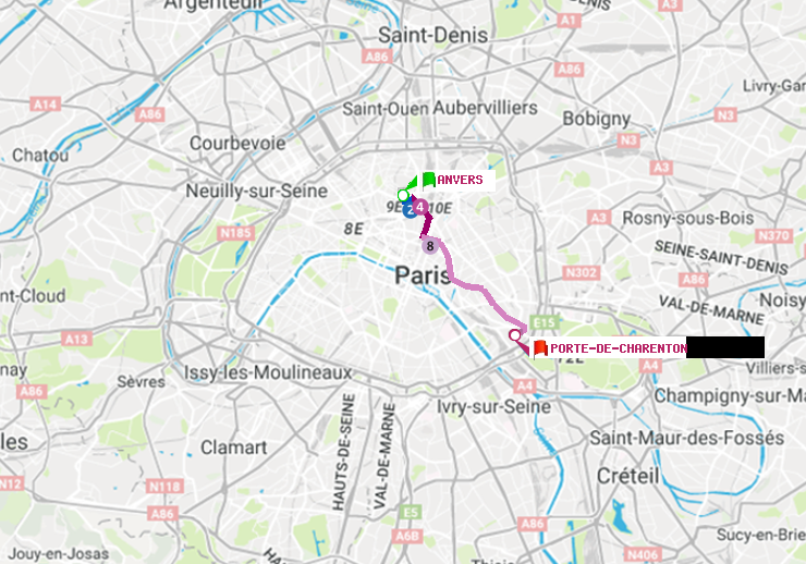 plan itinéraire ratp de Anvers à Porte de Charenton