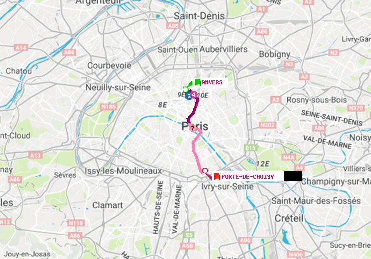 plan itinéraire ratp de Anvers à Porte de Choisy