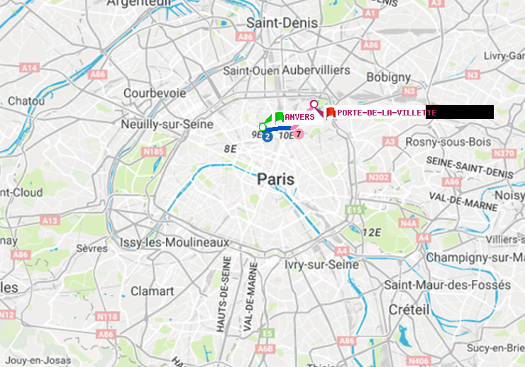 plan itinéraire ratp de Anvers à Porte de la Villette