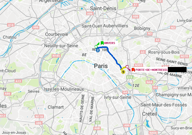 plan itinéraire ratp de Anvers à Porte de Montreuil