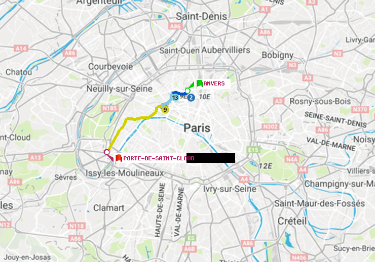 plan itinéraire ratp de Anvers à Porte de Saint-Cloud
