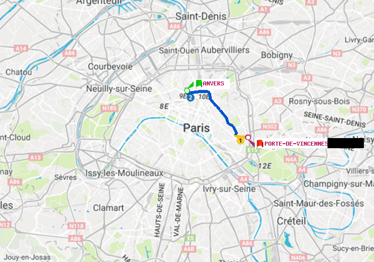 plan itinéraire ratp de Anvers à Porte de Vincennes