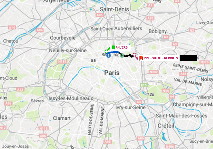 plan itinéraire ratp de Anvers à Pré-Saint-Gervais